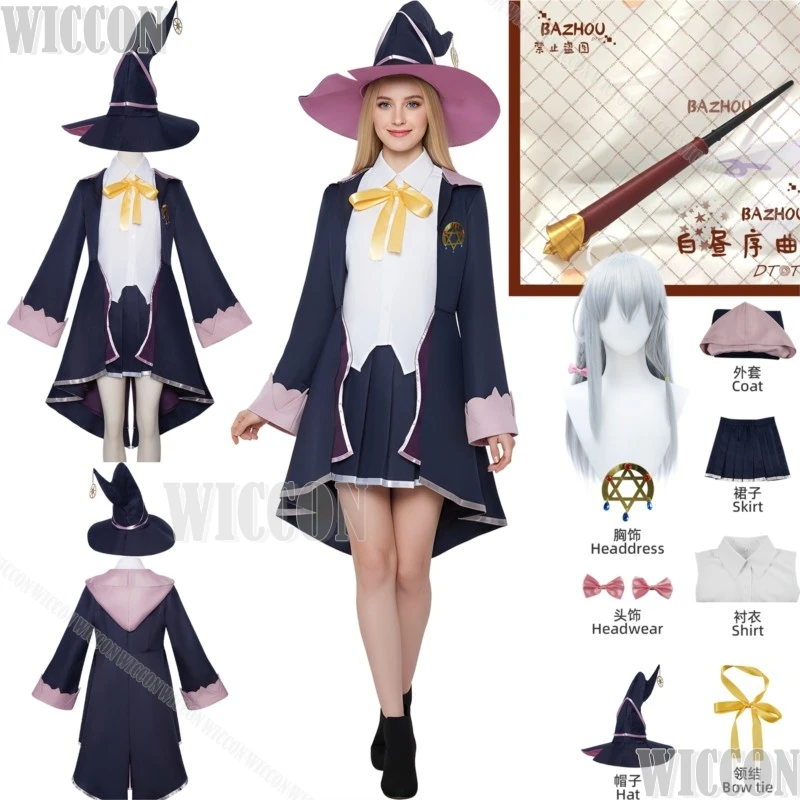 

Костюм для косплея Элейны из аниме «Путешествующая ведьма: Путешествие Элейны», с большим шляпой, платьем ведьмы, белым париком, реквизит для женщин и девушек на Хэллоуин