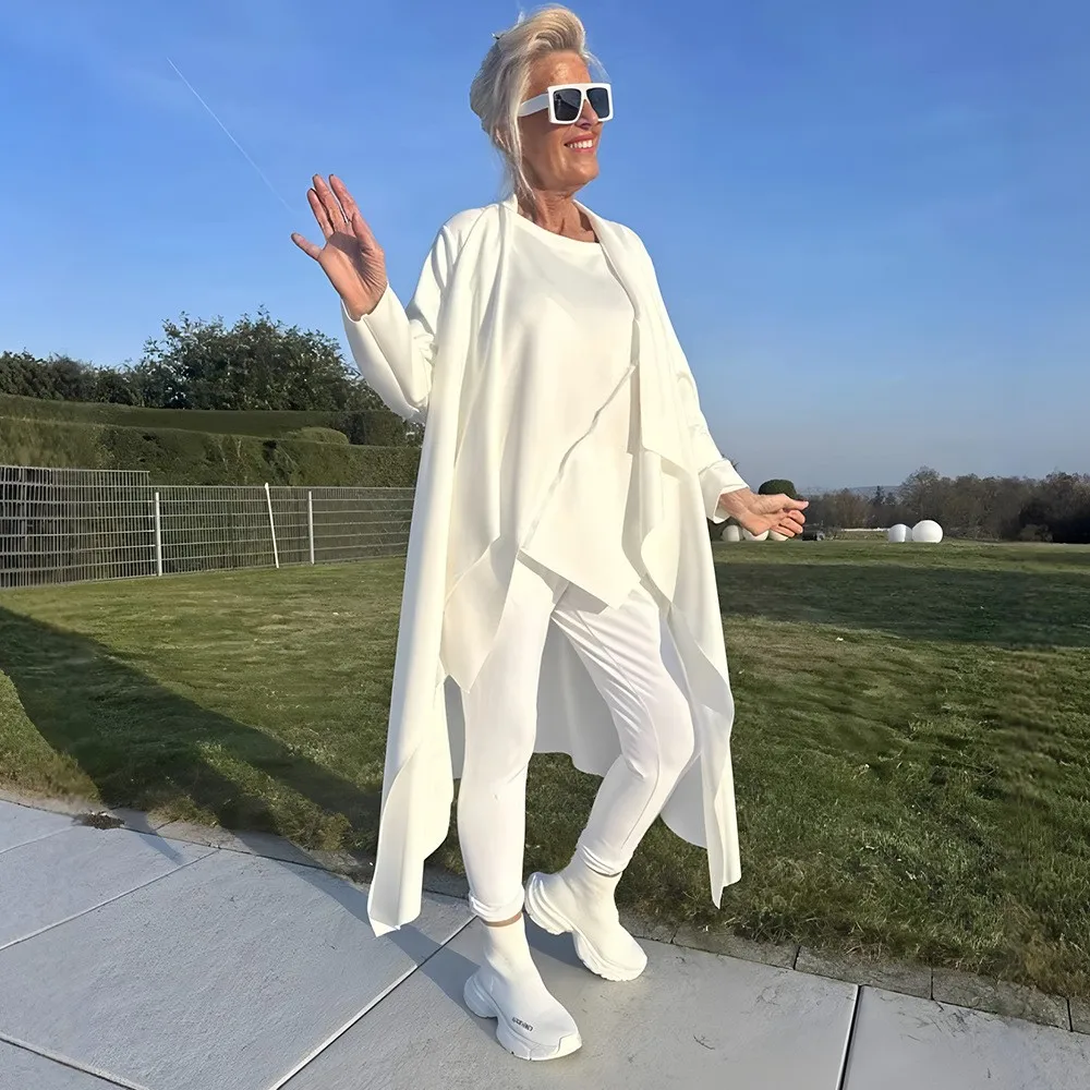 เสื้อแจ็คเก็ตลำลองแบบใหม่ปี 2025 เสื้อโค้ทเทรนช์ยาวแฟชั่น เสื้อคลุมคาร์ดิแกนสีพื้นแขนยาว เสื้อคลุมทรงไม่สมมาตร เสื้อแจ็คเก็ตฤดูใบไม้ร่วงสำหรับผู้หญิง