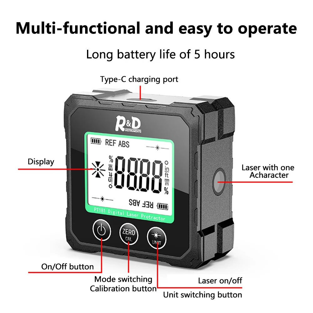 PT181 High Precision Laser Digital Inclinometer Tilt Box Angle 4x90° Measurement Slope Level Type-C Rechargeable