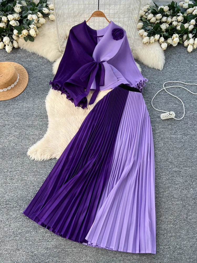 

Ele Ele Commuter Sle, комплект из двух предметов, женская фиолетовая дизайнерская юбка с высокой талией, плиссированная офисная одежда с поясом