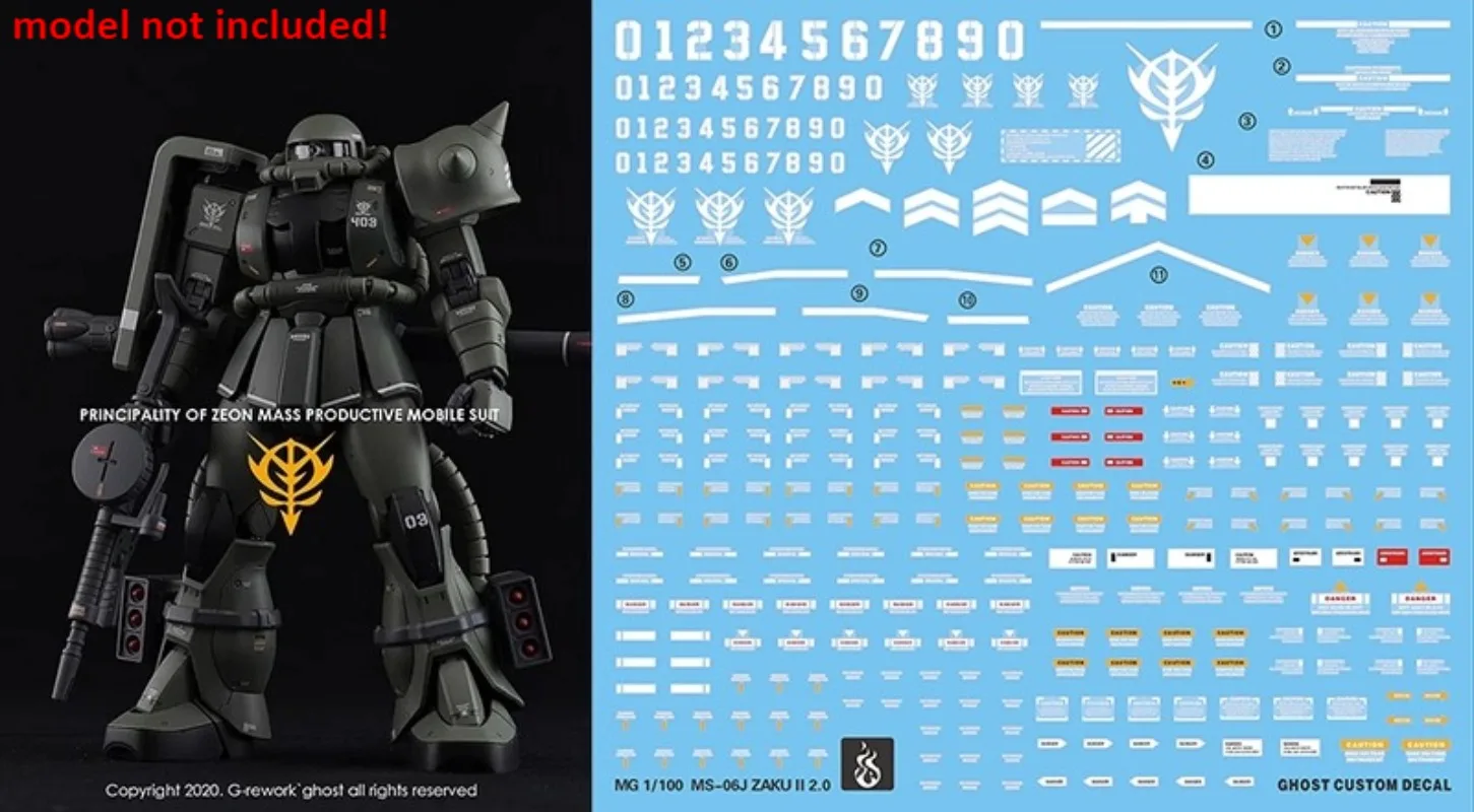 Флуоресцентные водные наклейки YAN для MG 1/100 MS‑06J ZakuⅡ 2.0, водные слайд-стикеры для моделирования и хобби DIY.