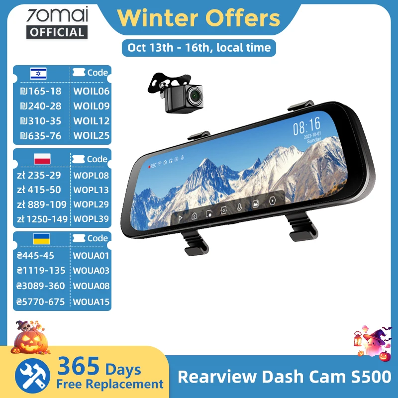 70mai Rearview Dash Cam S500 9.35'' Touch Screen 70mai S500 Car DVR 3K Super Capacitor Dual-Channel HDR Voice Control 24H Park
