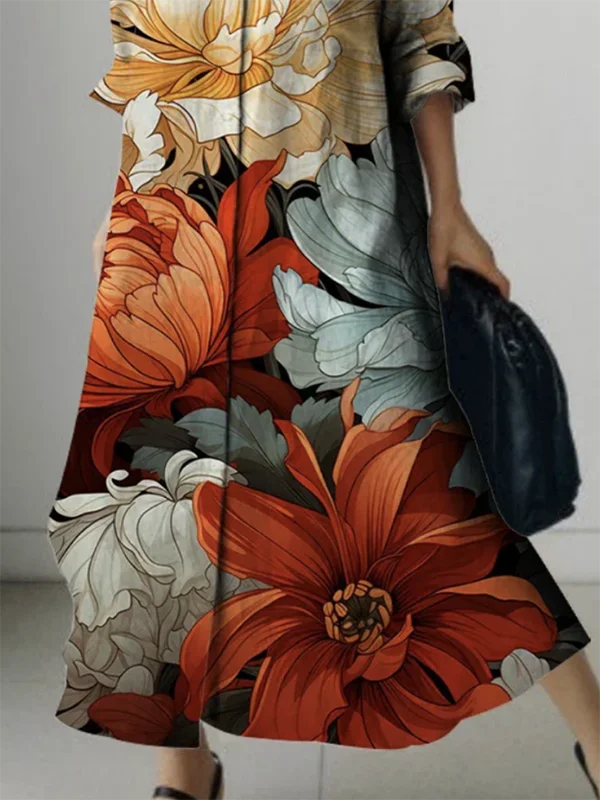 Dames Lente Herfst Trendy Bloemenprint Revers Maxi-jurken 2026 Nieuwe Lange Mouwen Losse Vrouw Button-down Dames Shirtjurk