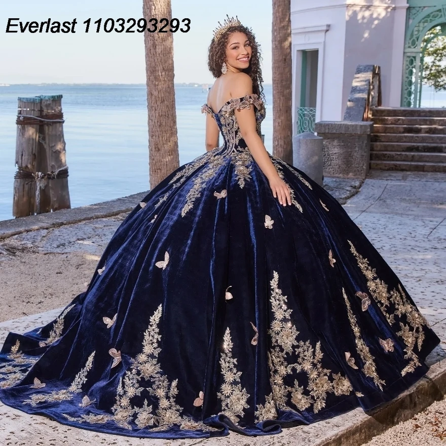 Evlast Marineblauwe Quinceanera Jurk Baljurk Goud Vlinder 3d Bloemen Applique Met Cape Sweet 16 Vestido 15 De Xv Años Tqd189