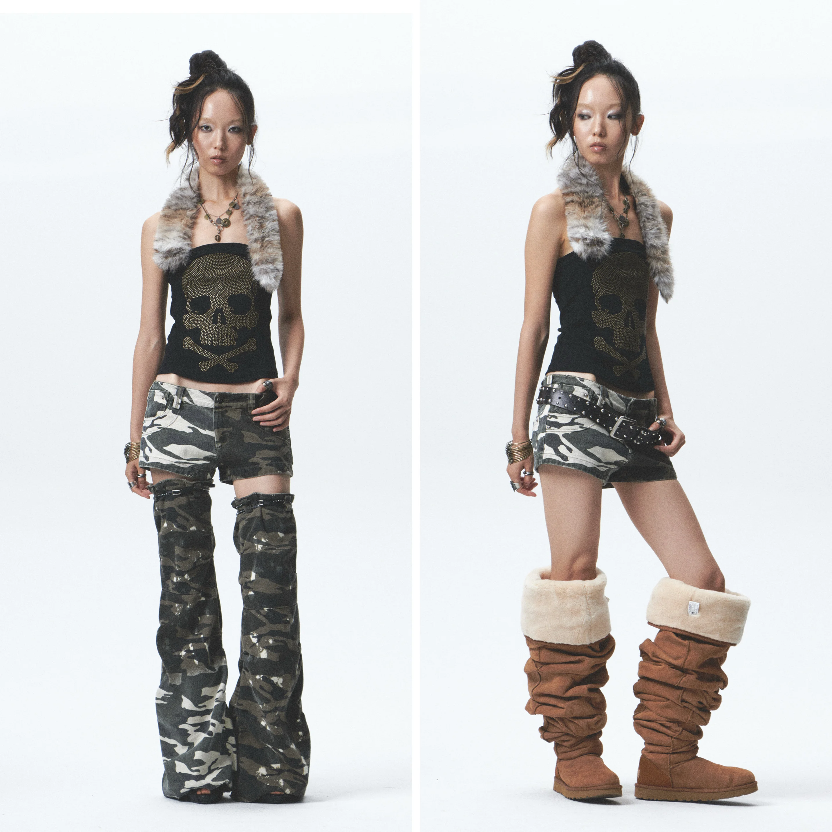 

Комплект леггинсов и шорт с низкой посадкой из плотного денима с камуфляжным принтом, без пояса, в уличном стиле, лето 2025