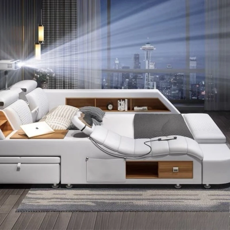 Tatami bed double adult master bedroom massage home projector queen bed, home improvement bedroom furniture leather art bed