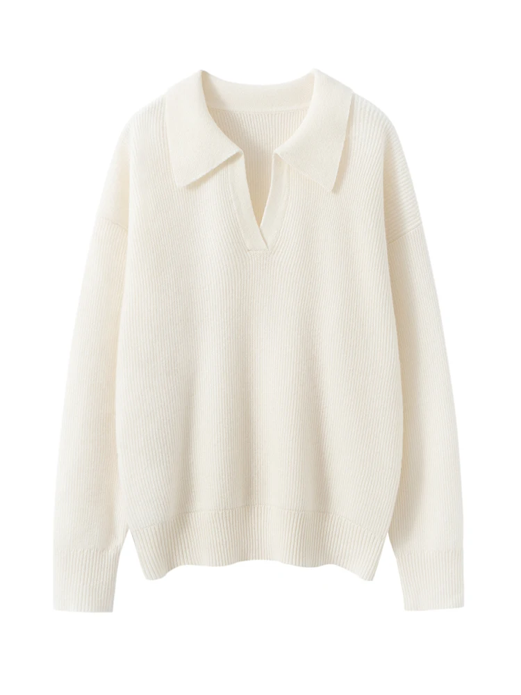 

MEETCC Women 100% Cashmere Pullover Fashion New Polo Collar Sweater Autumn Winter Loose Cashmere Knitwear Comfortable Korean Top