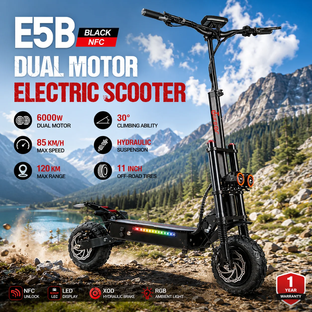 

E5B 6000W Dual Motor Electric Scooter 60V 35Ah Battery 80KM/H High Speed 11 Inch Off Road Tires Dual Hydraulic Brakes