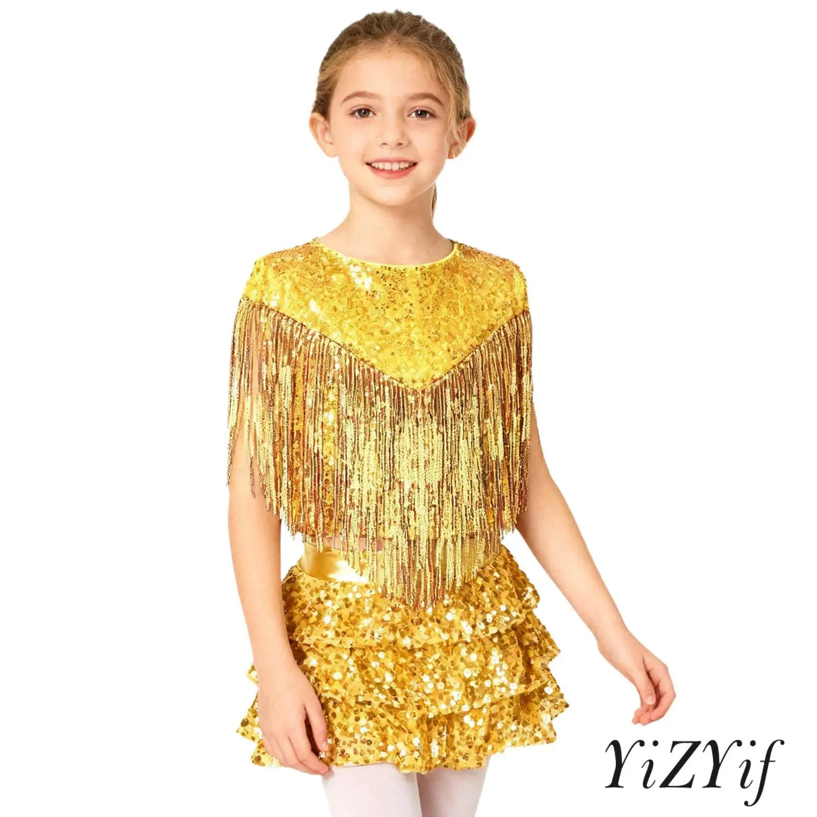 أطفال بنات 2 قطعة 70S ديسكو الجاز أزياء رقص لامعة الترتر أكمام الصدر شرابات مع طبقات كشكش متجنب السراويل