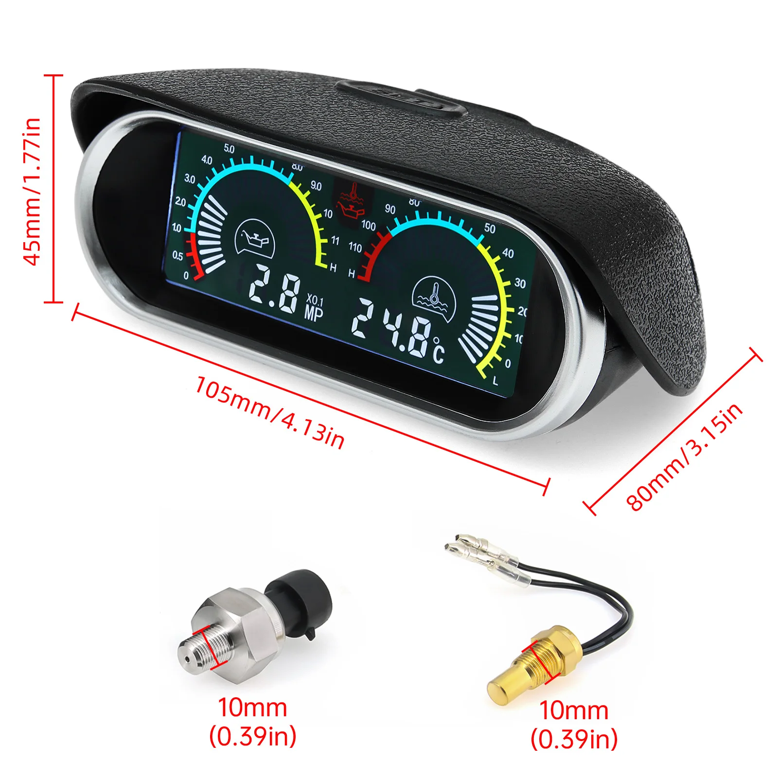 Car LCD 2In 1 Oil Pressure Gauge Water Temperature Meter Fuel Pressure Indicator with 1/8NPT Oil Press Sensor Adapter 26~40mm