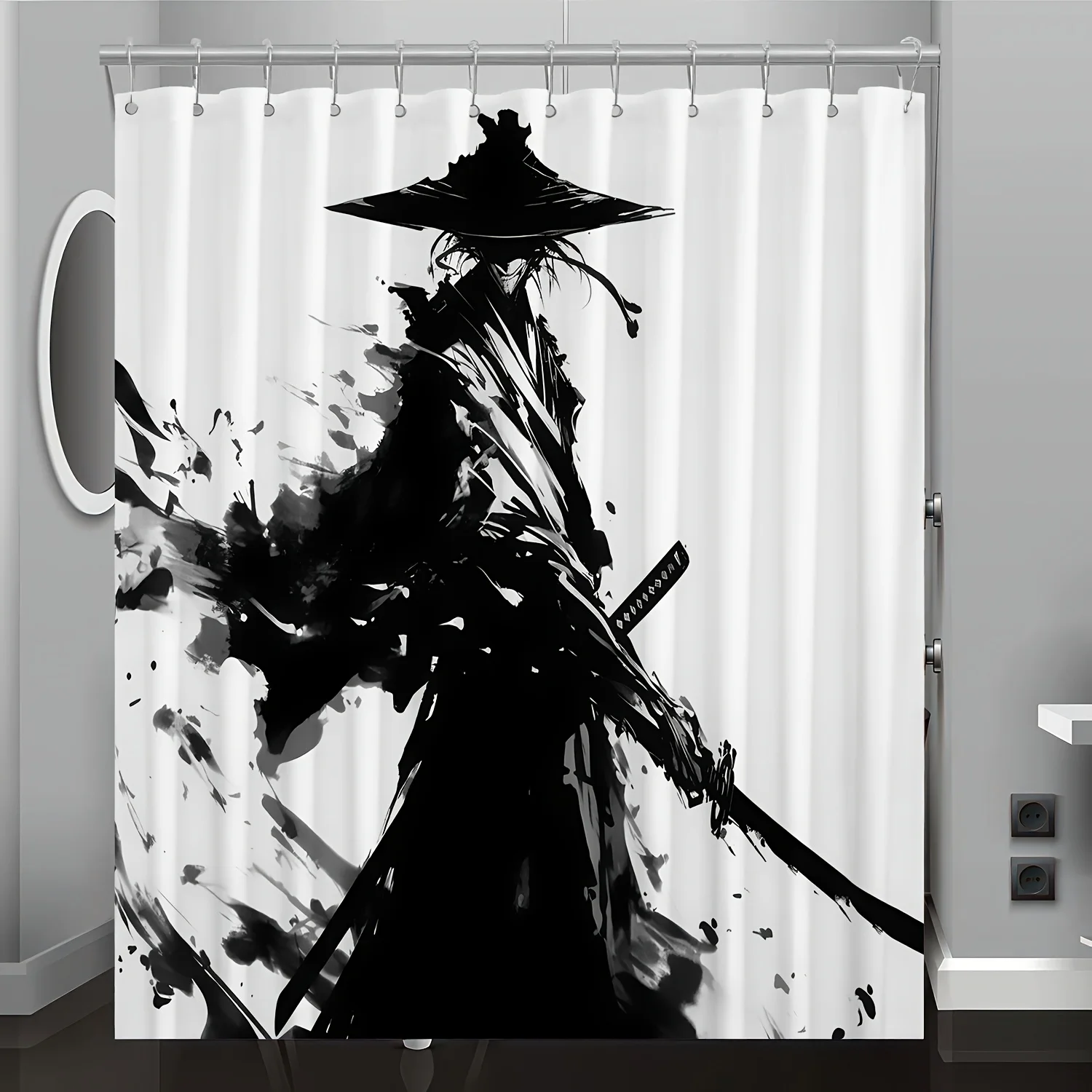 

1pc Samurai Ink Painting Pattern Digital Print Shower Curtain, Bathroom Decoration Home Decor, Gift Hooks Included, Machine Wash