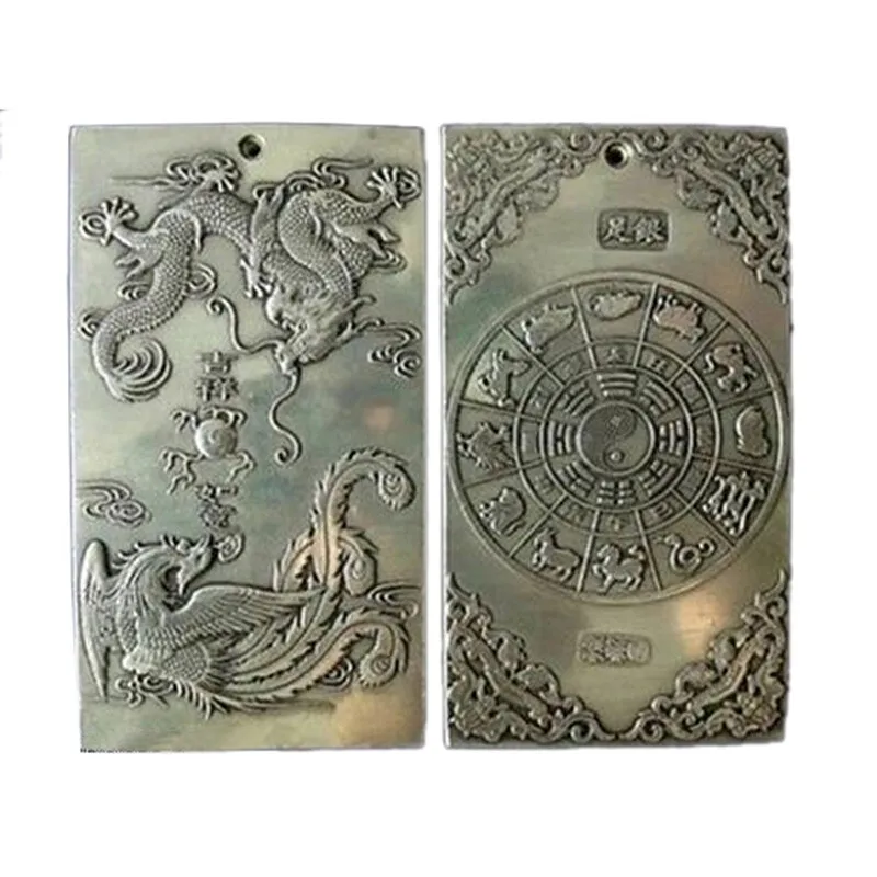 

Old Chinese Tibet Dragon Phoenix lucky Bullion Thanka Amulet Pendant Silver Gift