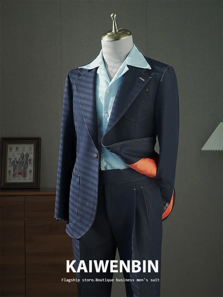 Men's Denim Suit 2 piece Contrast Color Casual Blazer Naples Trousers Men's Party Wear Wedding Luxury Half Canvas