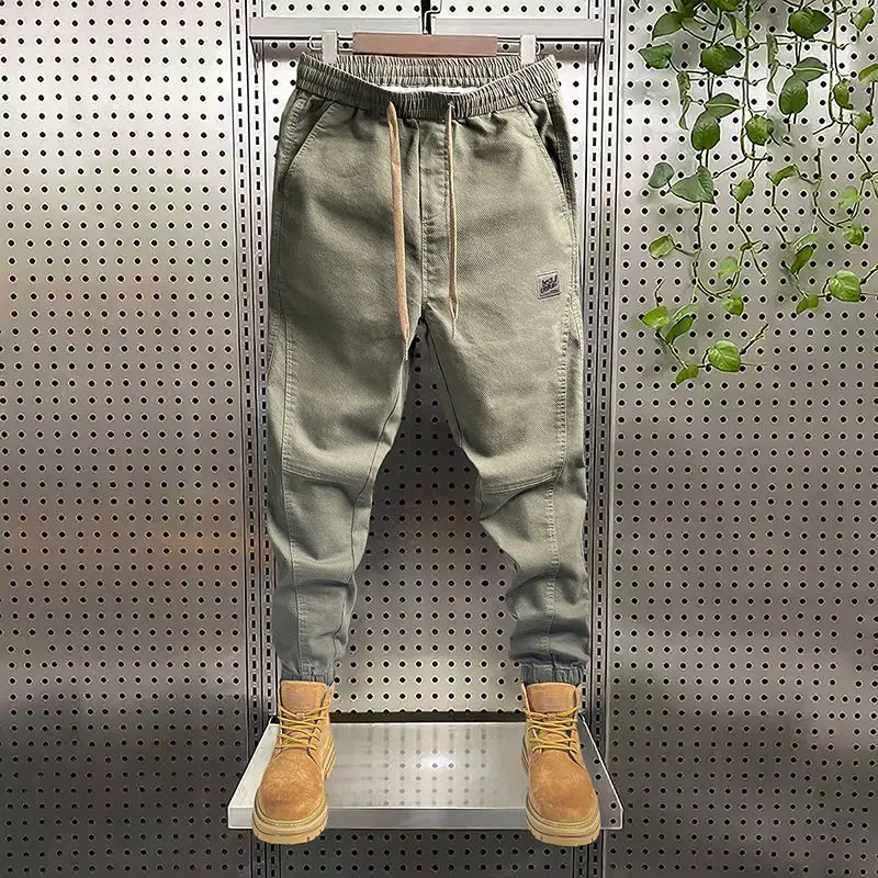 2023 Spring Autumn NEW Men\'s Clothing Solid Color Elastic Waist Bind One\'s Feet Cargo Pants Man Vintage Fashion Casual Pants