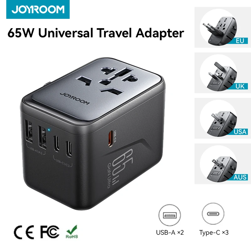 

Joyroom 65W Universal Travel Adapter GaN III Worldwide All in One Mini PD Fast Charging Wall Charger with 2 USB Ports & 3 USB-C