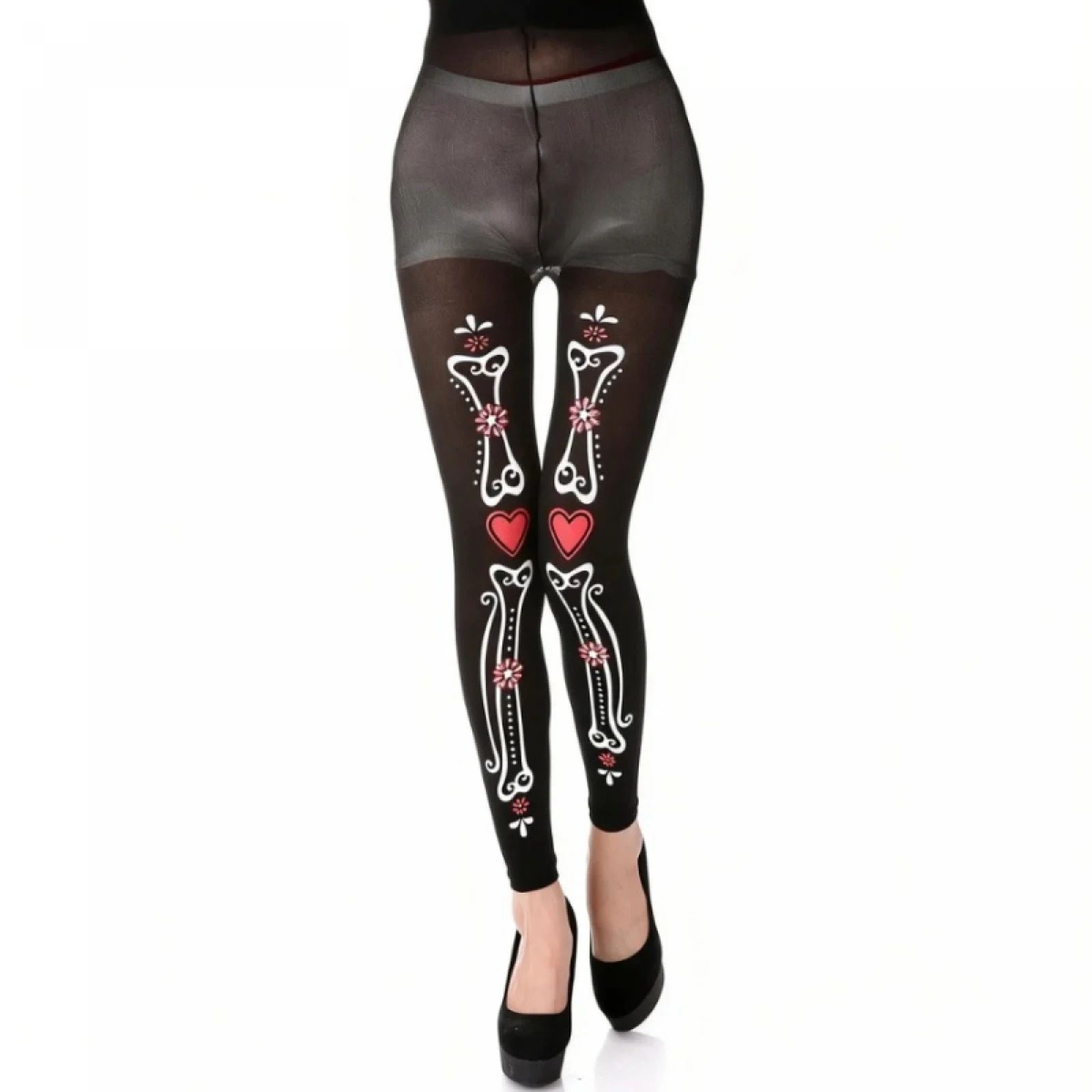 Women's Sexy Halloween-Print Over-the-Knee Socks Ladies Sheer Tights Goth Bone Print Mesh Costume Pantyhose Cosplay