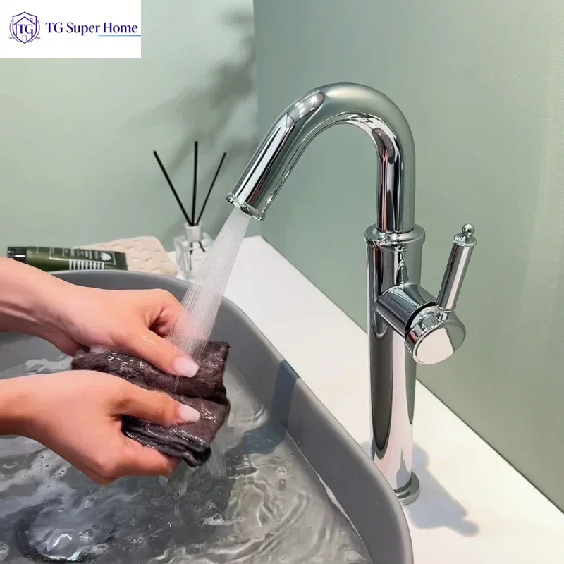 Tall Stainless Steel Mixer Tap for Countertop Basins – Hot and Cold Water – Raised Model for Bathroom Washbasins
