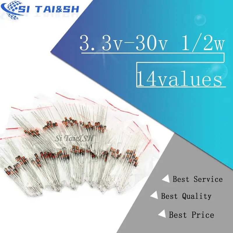 14values*10PCS=140PCS 0.5W regulator 3.3v-30v 1/2w Zener Diode component Assorted kit package new and original