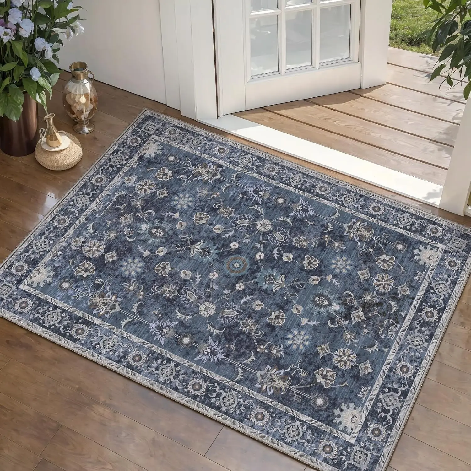 Non Slip Blue Entryway Rug, Washable Vintage Floral Boho Door Mat, Soft Distressed Small Carpet for Bedroom Kitchen Foyer
