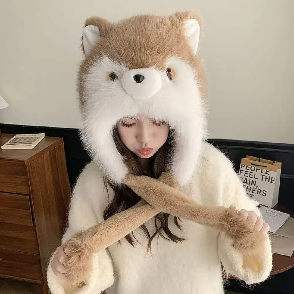 NEW with Moving Ears Husky Hat Ear Protection Thickened Autumn Winter Animal Hat Neck Warmer Soft Ear Warmer Outdoor