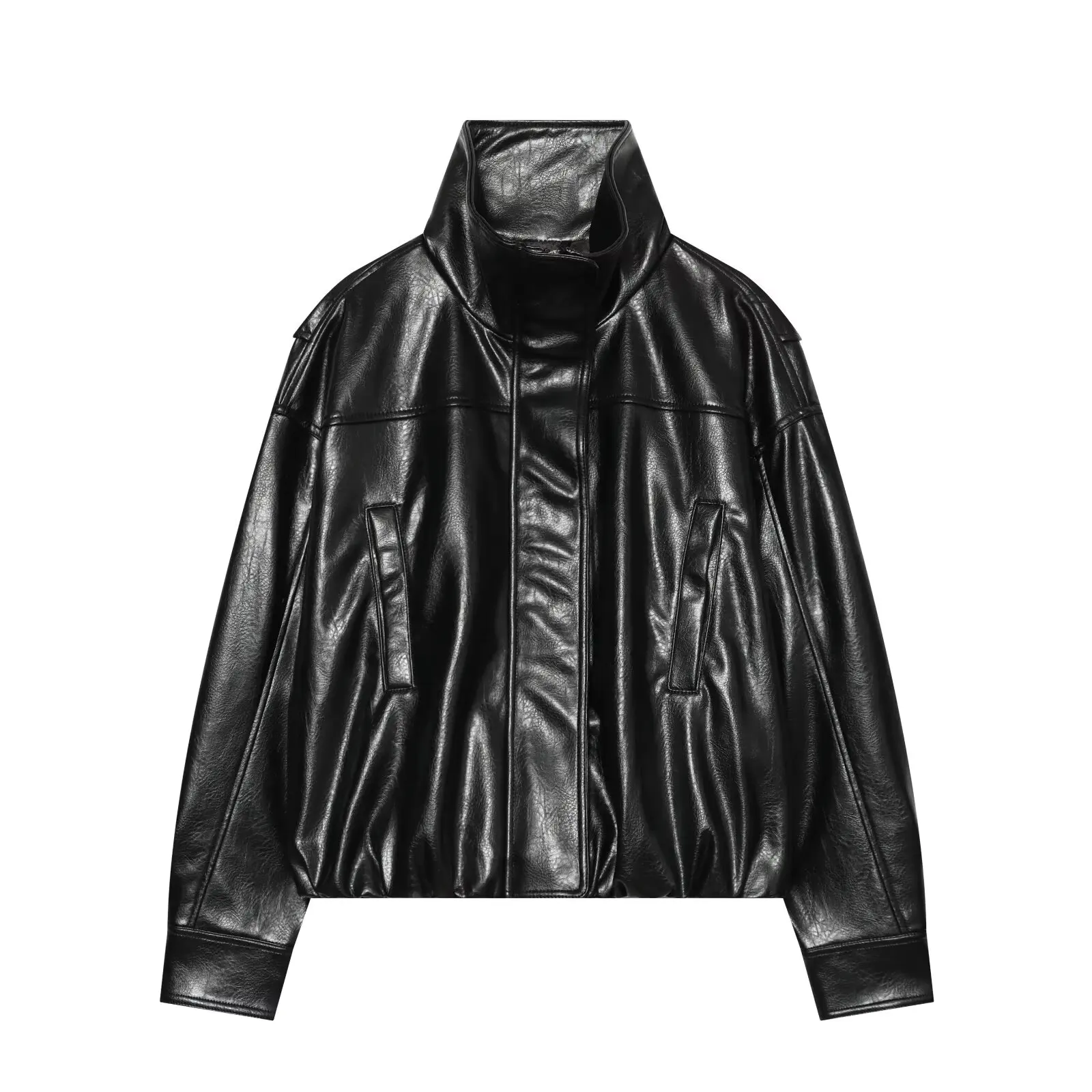 BSAY Damen Neue Kunstleder-Bomberjacke mit Stehkragen, Lose Geschnittene Oberbekleidung, Outdoor-Pendlerstil, Herbst-Winter-Freizeitjacke – Detail 2