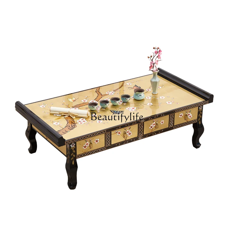 Gold Foil Four Buckets Wudao Tea Table Hotel Homestay Large Tea Platform Ming and Qing Painted Plum Butterfly