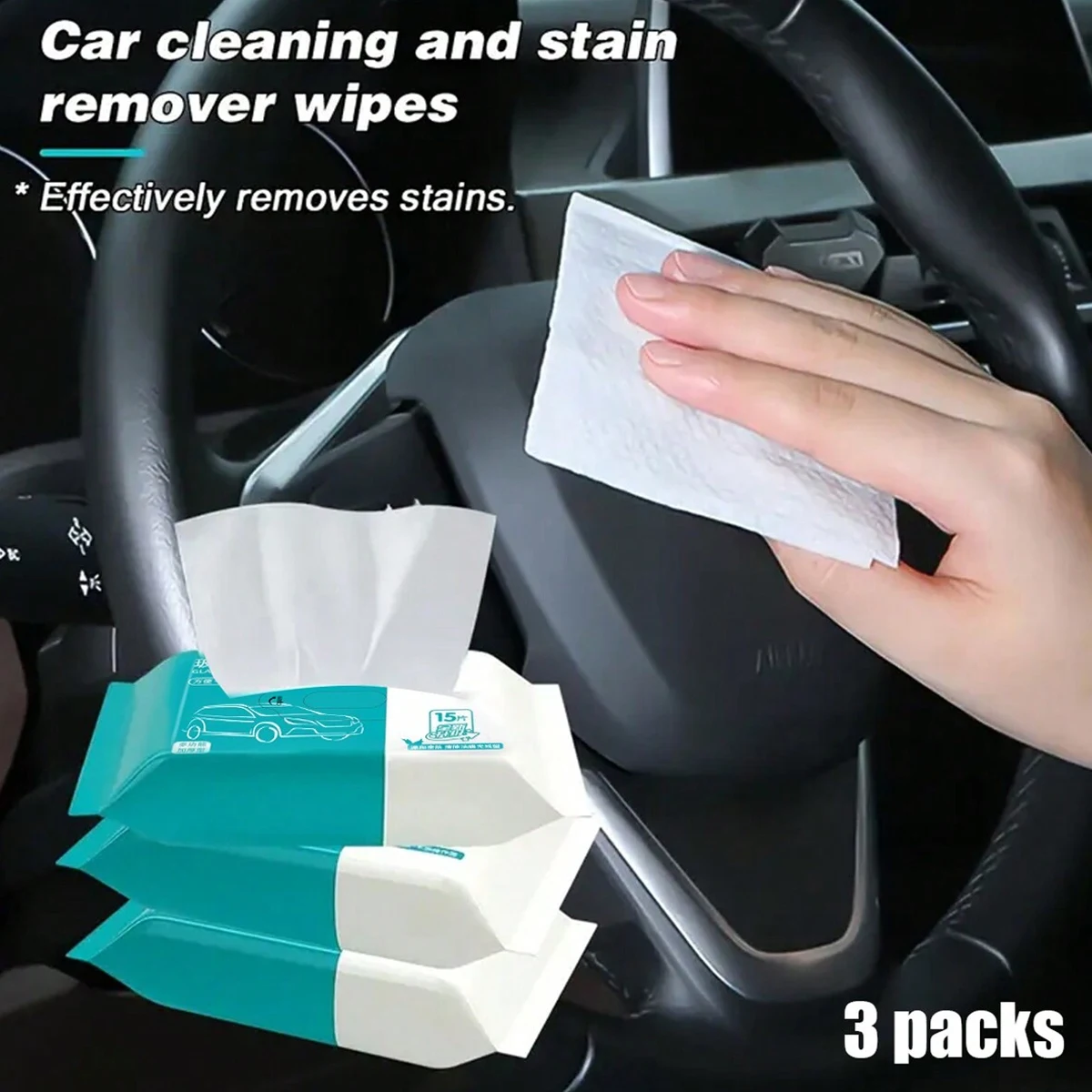 3pcs car cleaning wipes - detergent, gentle on the hands, non abrasive paper material for car interior care