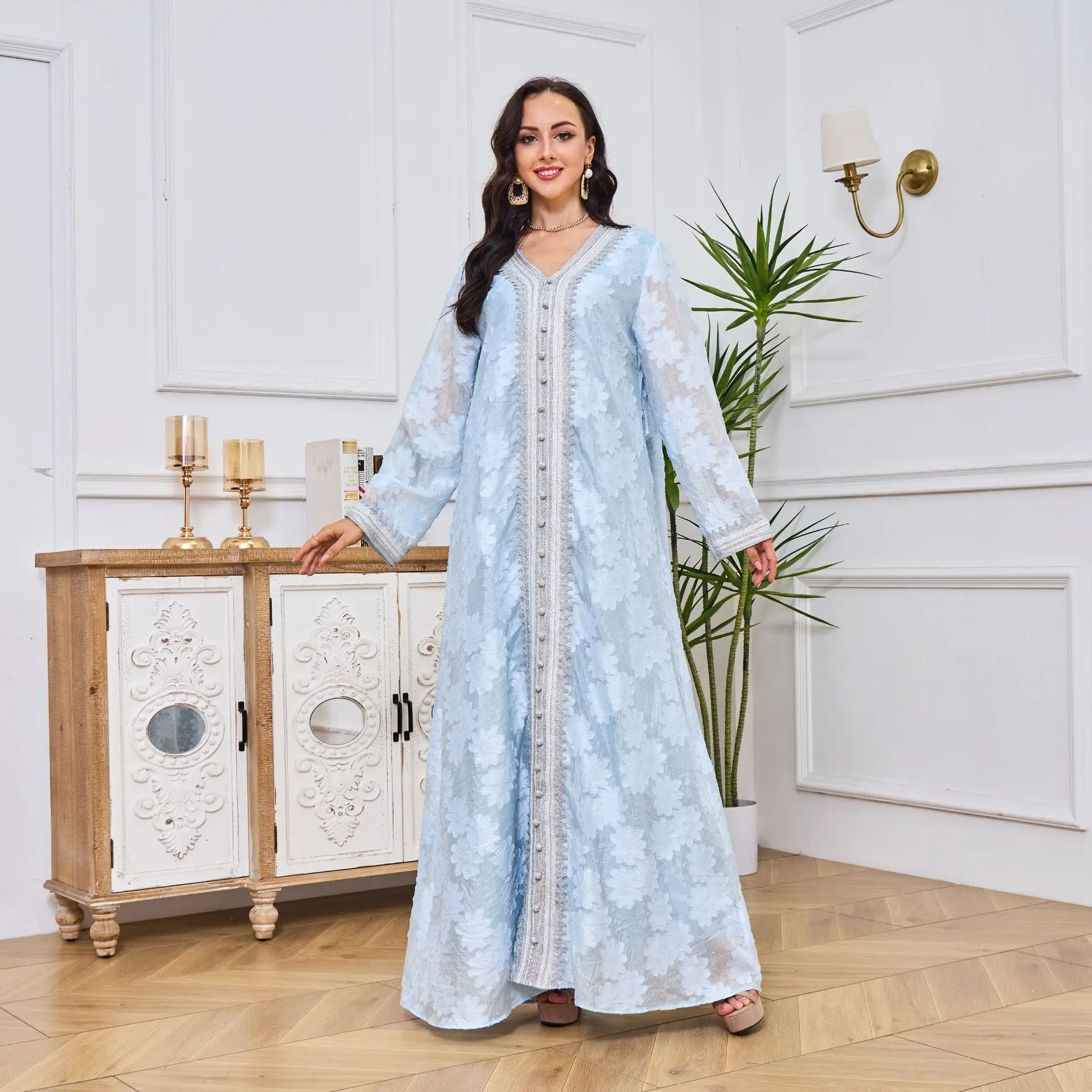 Evening Dresses Women Muslim Dubai Saudi Arabia Button Long Sleeve Flower Embroidery Lace Blue Chiffon Abaya Robe Musulmane