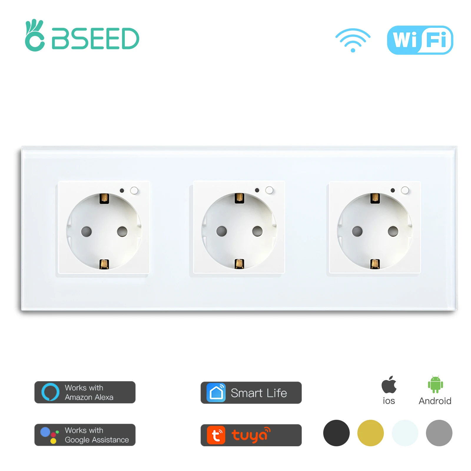 

BSEED EU Wifi Triple Wall Socket Crystal Glass Panel Electrical Outlet 3 Colors White Black Golden Work With Tuya Smart Life