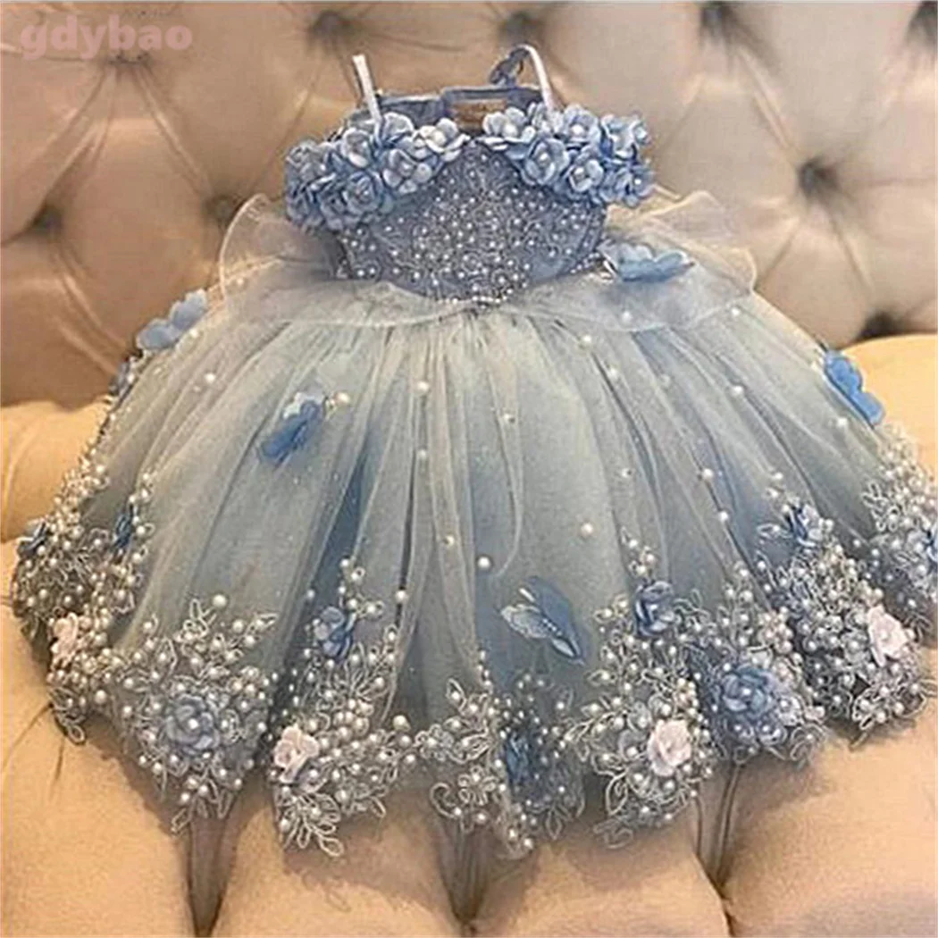 Baby Girls Dresses Fashion Toddler Flower Girl Dress Tulle Pearls Wedding Baby Girl Birthday Party Dress Long Off Shoulder Appli