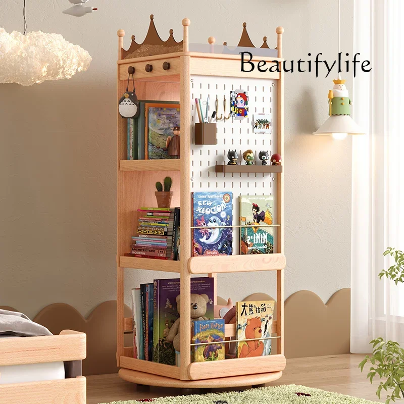 Solid wood rotating bookshelf locker reading corner picture book rack storage floor Nordic bookcase