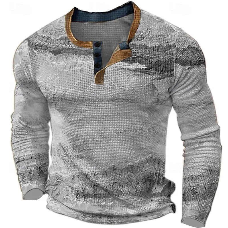 3D Print Colorful Gradient Henley T-Shirts For Men Loose Henry Collar Button Long Sleeve Pullover Autumn Winter Comfortable Tops