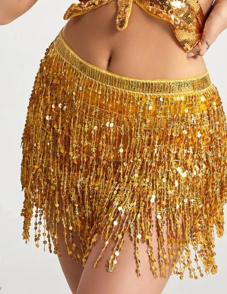 Damen Pailletten-Quasten-Bauchtanzrock Glänzende Perlen Taillenkette Saumrock Bohemian Taillenrock Gürtel – Detail 11