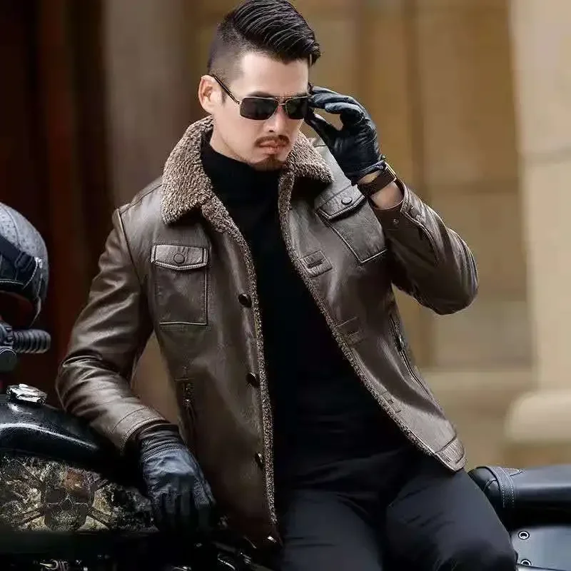 Middle-Aged Men Leather Coat Winter Fleece-Lined Thicken Solid Color Outwear Men Fashion Casual Large Size Lapels Leather Jacket