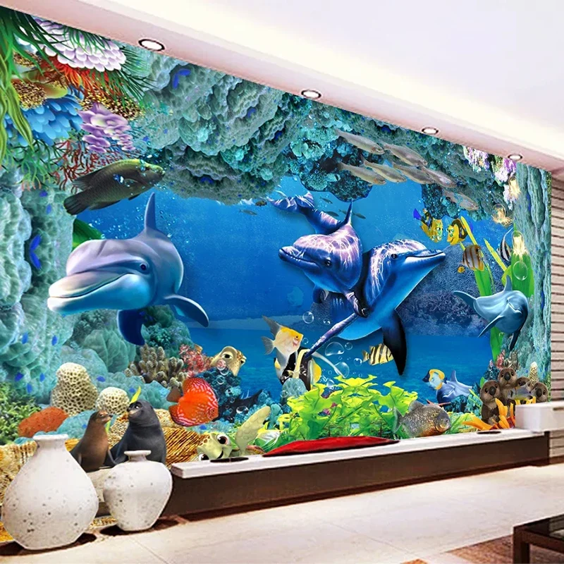 Custom Underwater World Dolphin Coral Cave 3D Photo Wallpaper For Kids Room Living Bedroom TV Background Wall Mural Paper Tapety