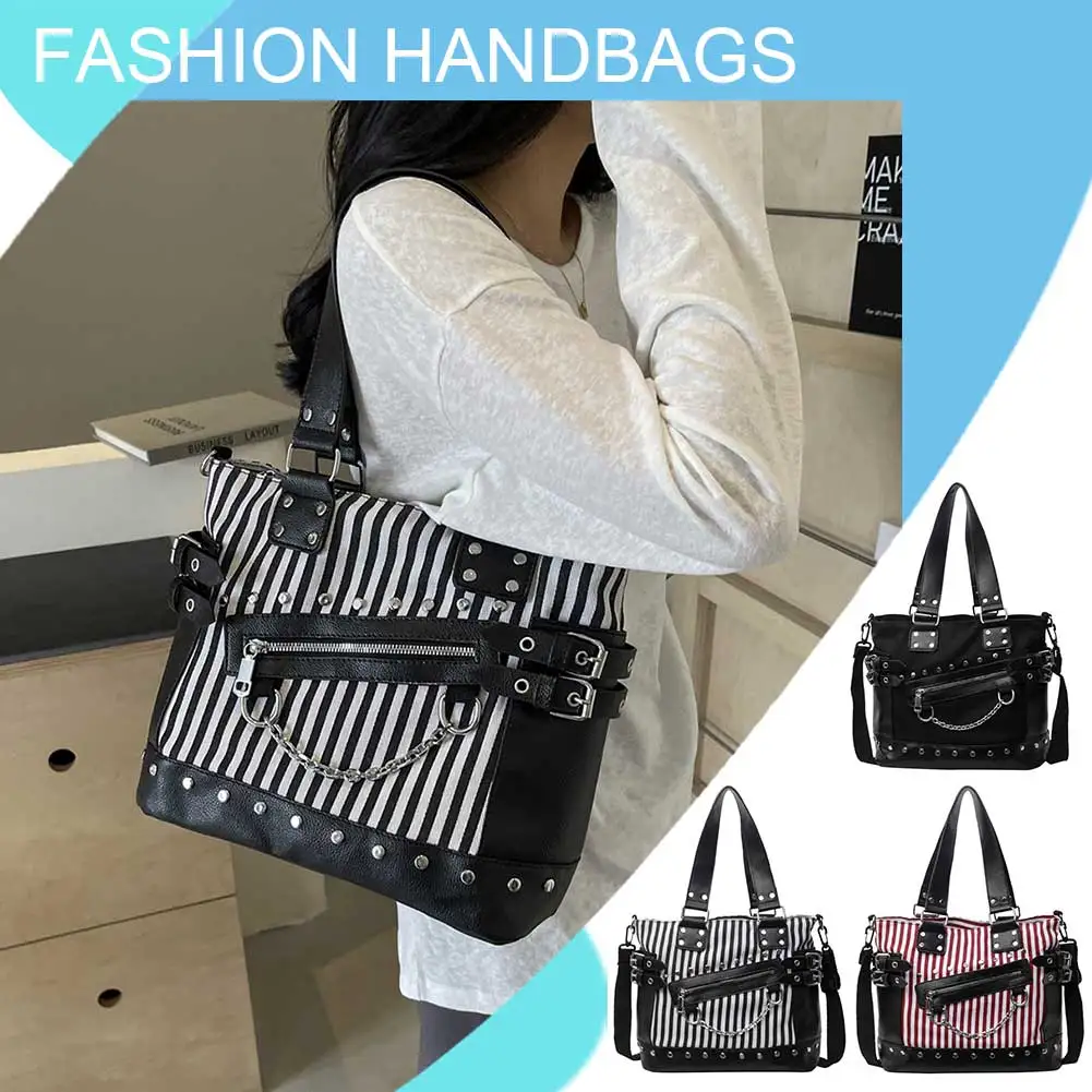

Женская сумка через плечо с заклепками, модная лоскутная сумка, большая вместительная парусиновая сумка-тоут, полосатая сумка-тоут из искусственной кожи в стиле панк, крутая сумка-саквояж