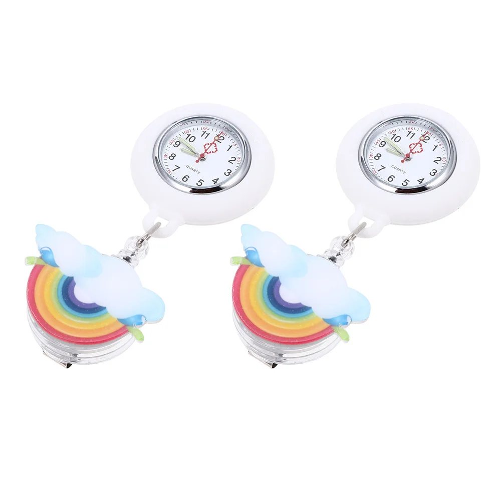 

2Pcs Nurse Clip-on Watch Rainbow Pattern Medical Pocket Watch Lightweight Luminous Pointer Waterproof Night Glow