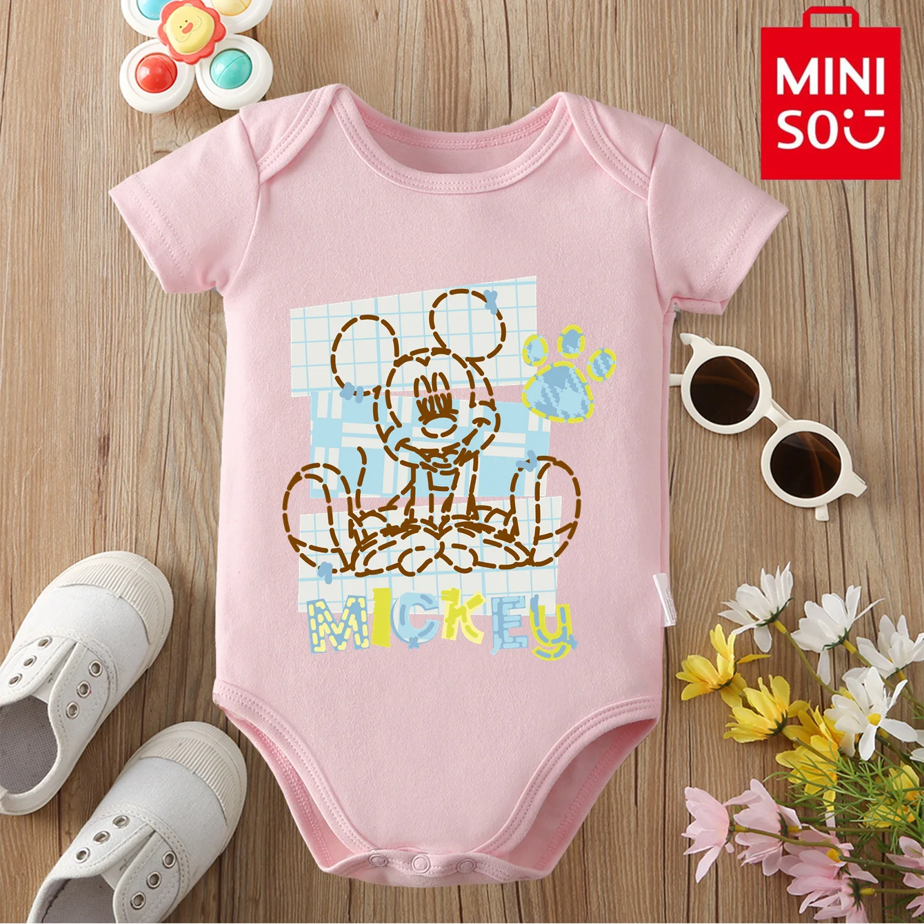 

MINISO 100% Cotton Disney Jointly Signed Baby Clothe Onesie Bodysuit Mickey Mouse Cute Cartoon Print for 0 To 12 Months Newborn
