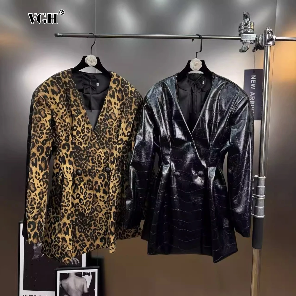 

VGH Steetwear модная женская куртка из искусственной кожи с v-образным вырезом и длинными рукавами, двубортные тонкие дизайнерские куртки, женские новые