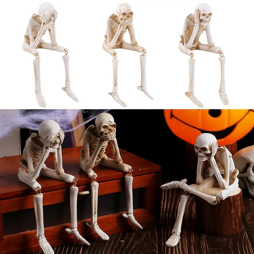 White Halloween Human Skeleton Resin Don't Look Don't Listen Don't Say Bone Model Toys Moveable Leg Bone Body Figurine Halloween