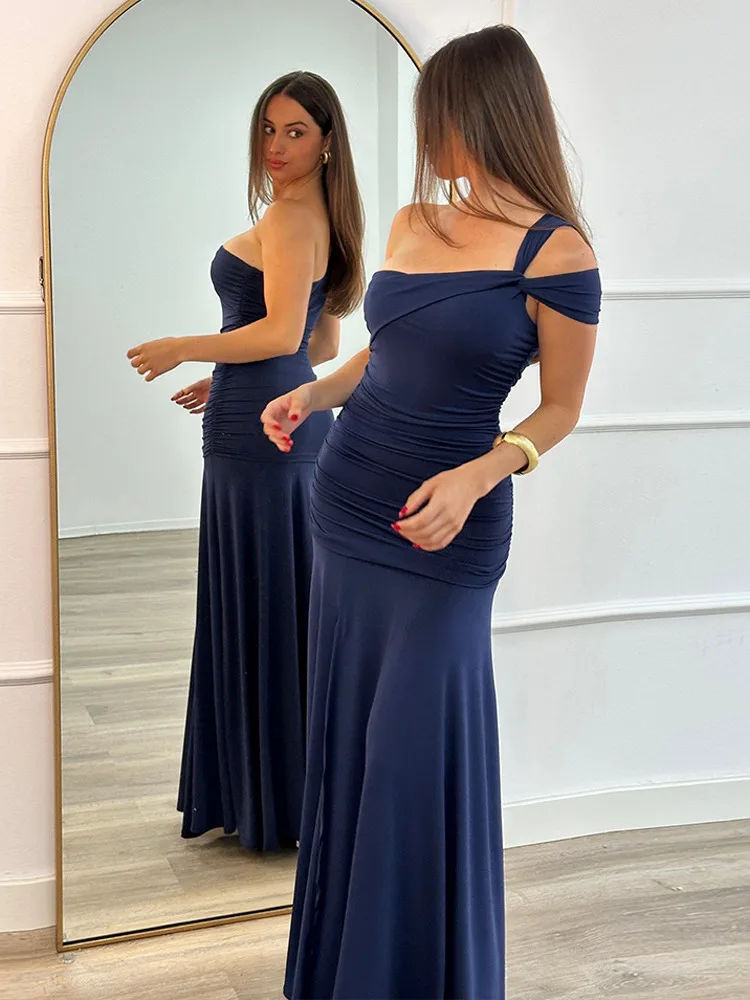 

Absobe Women's Bridesmaid Dresses Asymmetrical One Shoulder Strap Ruched Split Slim Maxi Dress Solid Color Elegant Partywear
