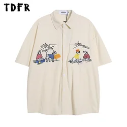 Puppy Embroidery Short Sleeve Corduroy Shirts Mens Summer Retro Streetwear Single Breasted Loose Lapel Half-Sleeve Shirts Men