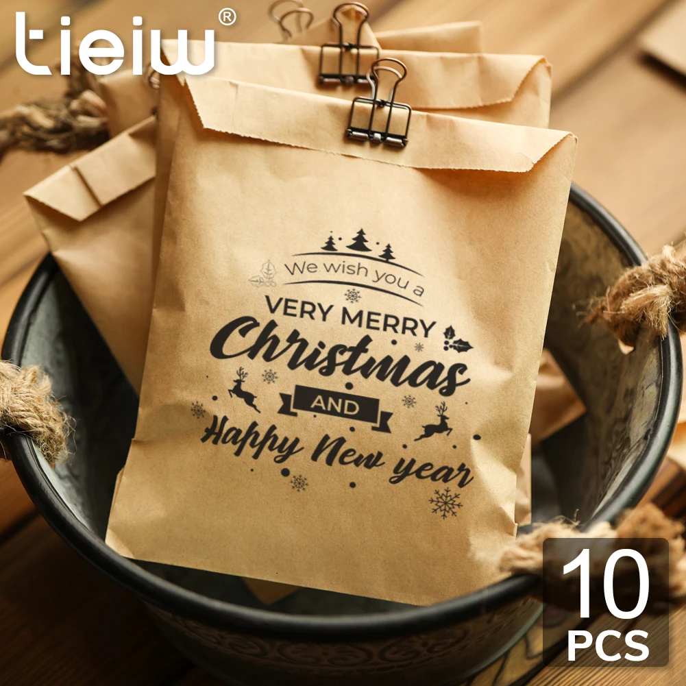 10Pcs We Wish You A Very Merry Christmas And Happy New Year Favor Bags Candy Cookie Treat Kraft Paper Bag