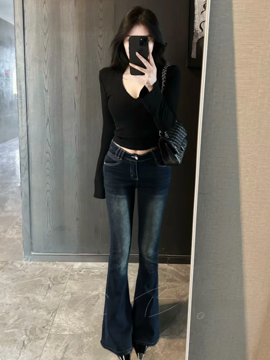Retro American V-Shaped Waist Flared Jeans Women's plus Size Hip Enhancing Slimming Warm Cotton Stretch Denim Long Pants