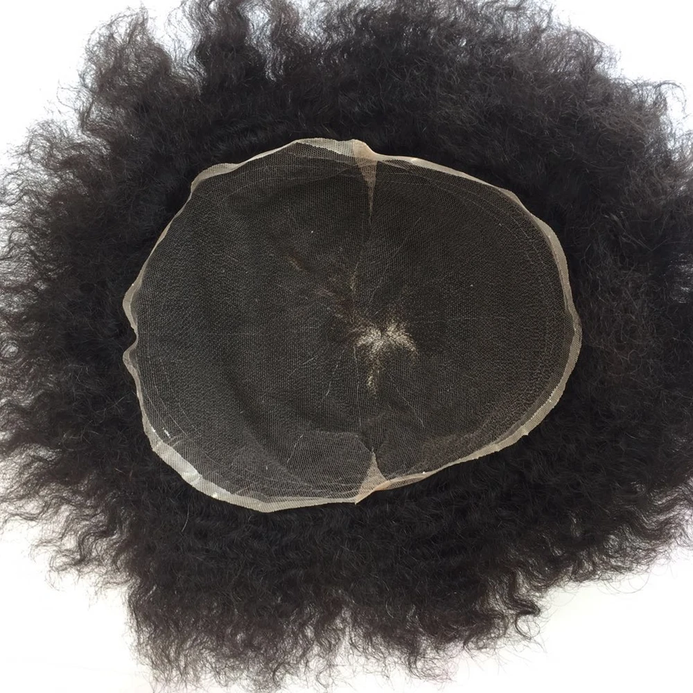 Wig rambut palsu pria dasar renda penuh keriting Afro 6mm untuk pria warna hitam simpul pemutih sejuk Wig prostesis lama renda