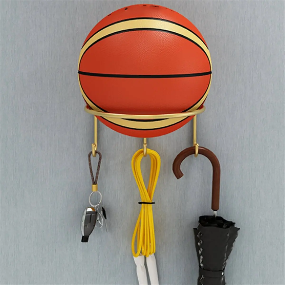 2026 New Metal Basketball Holder Wall Mount - Heavy Duty with 3 Hooks for Multi-Sport Storage