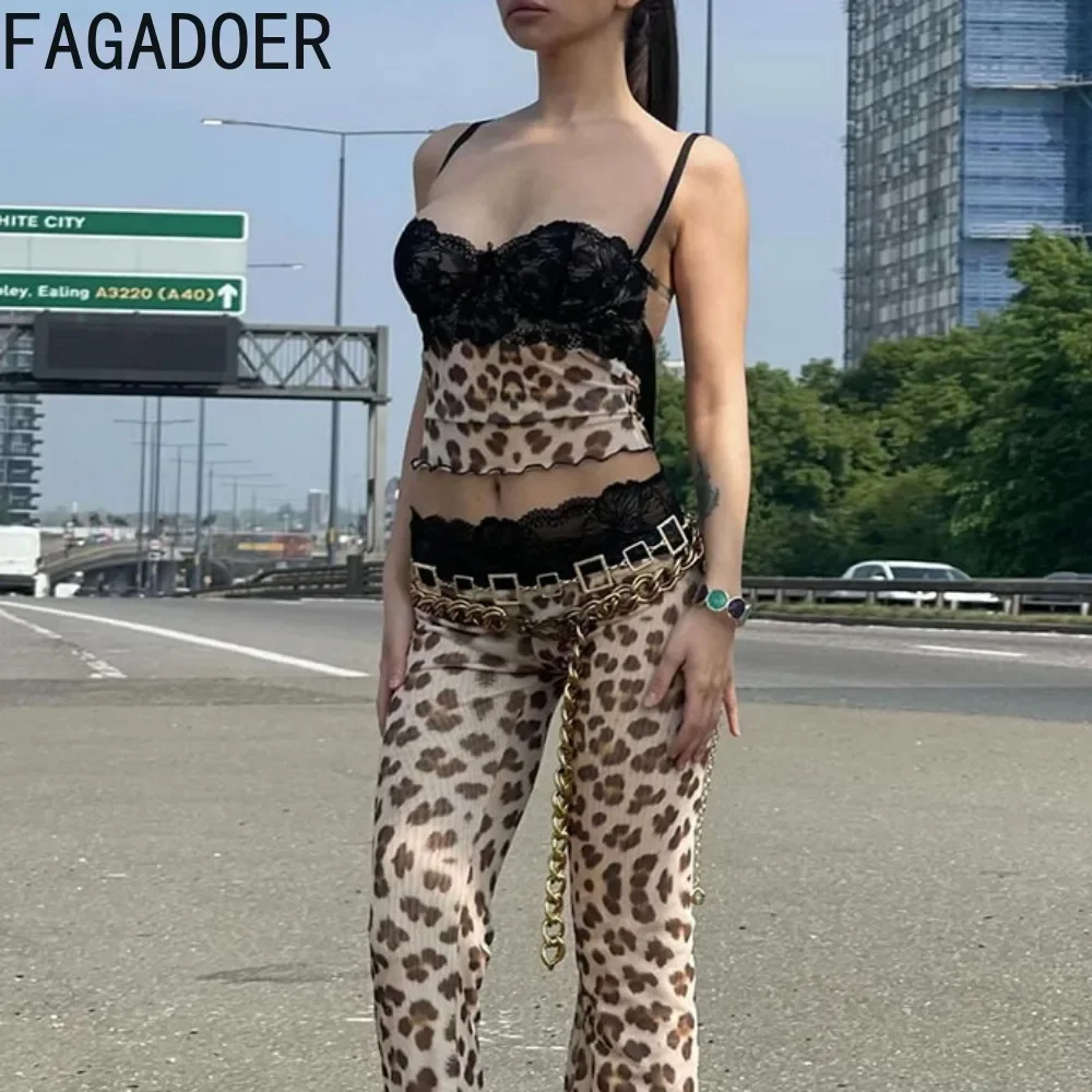 FAGADOER Sexy Sweet 2 Piece Sets Women Outfit Mesh See Through Lace Patchwork Crop Top And Pants Suits Hot Girl Streetwear