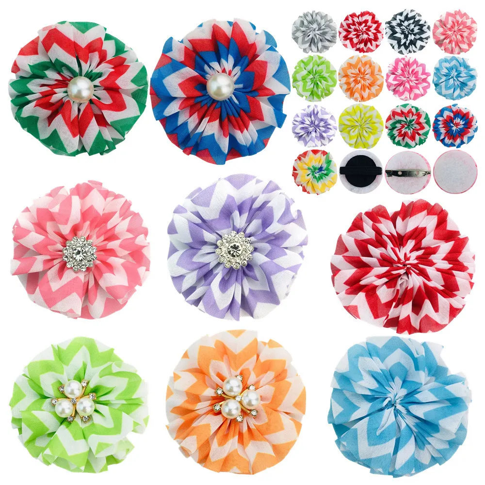 

300pcs 6.5cm Wave Print Navy Style Striped Chiffon Head Flower Pin Corsage Cat & Dog Accessories Diamond Wholesale