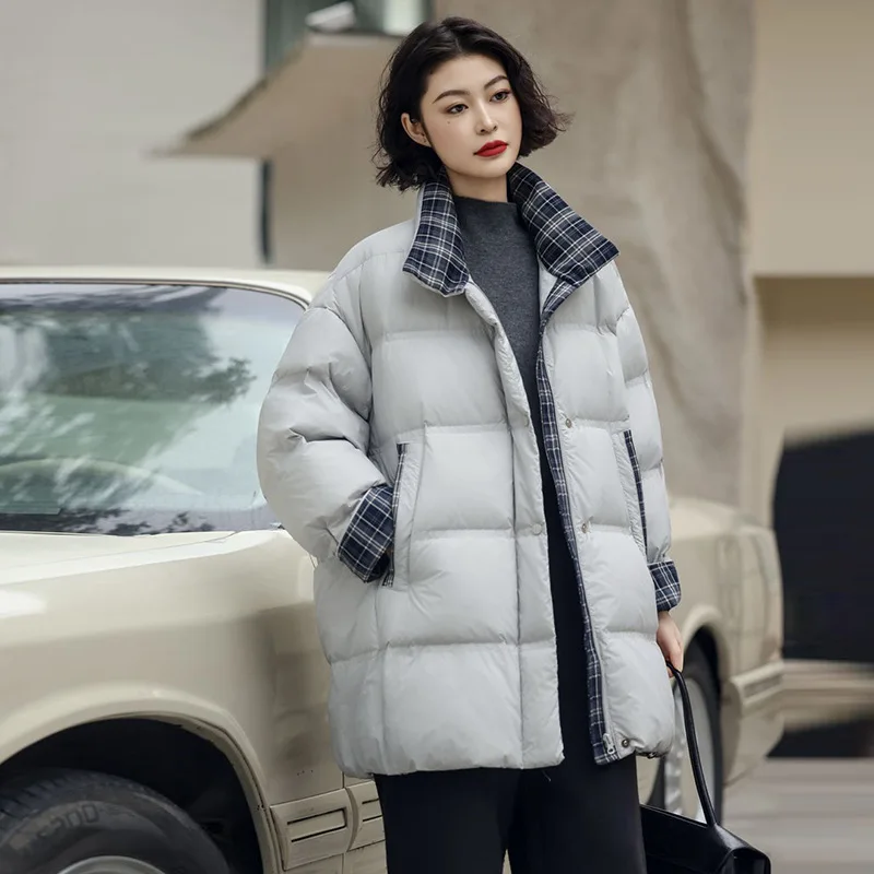 90 الأبيض بطة أسفل سترة منفوخة منقوشة تقسم أسفل سترة المرأة الشتاء المألوف الوجه الأكمام سميكة منتصف طول سترة الخبز