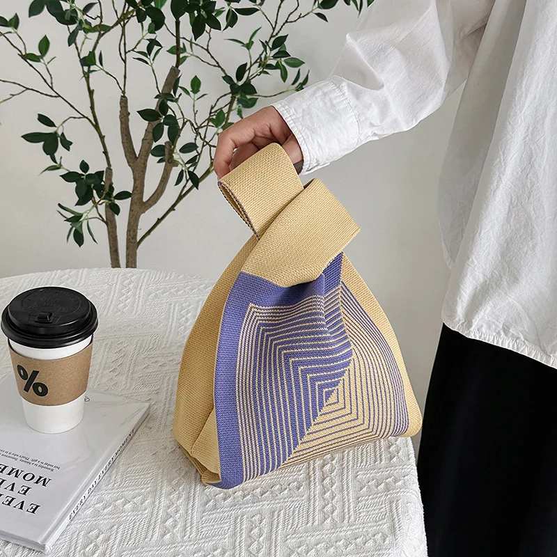 

Handmade Knit Handbag Women Mini Knot Wrist Bag Fashion Casual Color Wide Stripe Plaid Tote Bag Student Reusable Shopping Bags